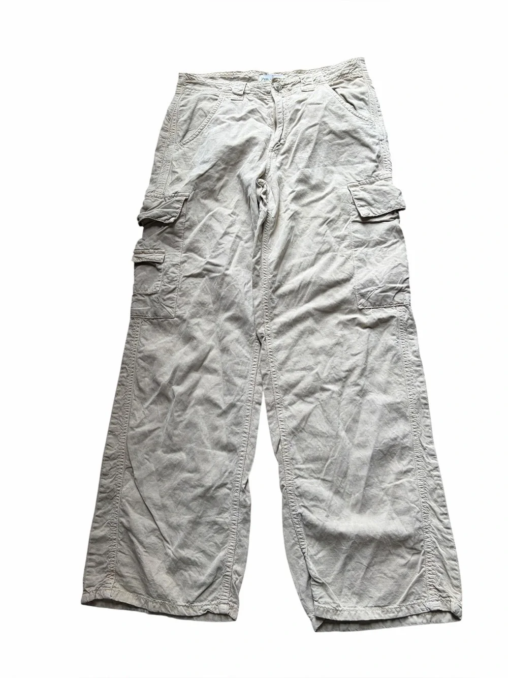ZARA Tan Wide Leg Cargo Pants Linen Blend